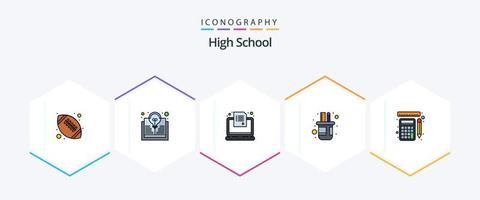 pacote de ícones de 25 linhas preenchidas do ensino médio, incluindo medição. caixa de lápis. exame. lápis. enquete vetor