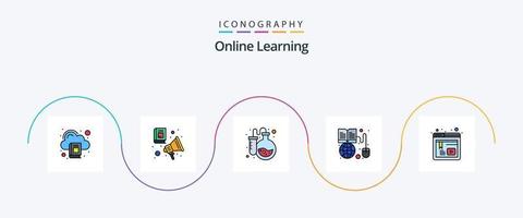 linha de aprendizado on-line cheia de pacote de 5 ícones planos, incluindo educação. no mundo todo. frasco. on-line. livro vetor