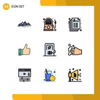 conjunto de cores planas de linha preenchida de interface móvel de 9 pictogramas de boas observações de bomba de carro registram elementos de design de vetores editáveis