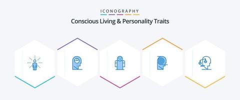 vida consciente e traços de personalidade 25 pacote de ícones azuis, incluindo estudo. definição. chapéu. compreensão. pessoa vetor
