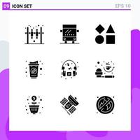 pacote de 9 sinais e símbolos de glifos sólidos modernos para mídia impressa na web, como formas de hobby de música, copo de papel, elementos de design de vetores editáveis