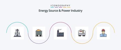 fonte de energia e linha da indústria de energia preenchida com 5 ícones planos, incluindo engenheiro. construção. prédio. óleo. caminhão vetor