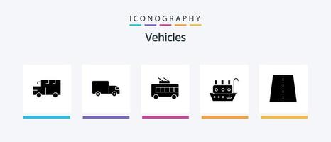 Pacote de ícones de glifo 5 de veículos, incluindo construção. navio. ônibus. barco. pescador. design de ícones criativos vetor