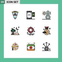 9 ícones criativos sinais modernos e símbolos de salva-vidas palm smartphone praia temperatura elementos de design vetoriais editáveis vetor