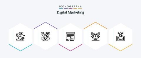 pacote de ícones de 25 linhas de marketing digital, incluindo dinheiro. olho. vídeo. local na rede Internet. toque vetor