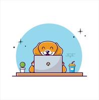 cachorro fofo trabalhando em ilustração vetorial de desenho animado para laptop vetor