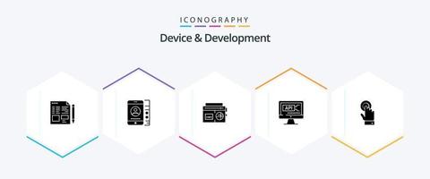 dispositivo e pacote de ícones de 25 glifos de desenvolvimento, incluindo tela sensível ao toque. Educação. fita . codificação. computador vetor