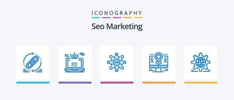 pacote de ícones seo marketing blue 5 incluindo lcd. computador. configuração. mapa. seo. design de ícones criativos vetor