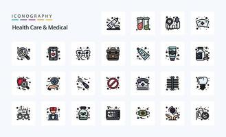 25 cuidados de saúde e pacote de ícones de estilo cheio de linha médica vetor