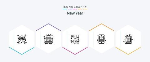pacote de ícones de 25 linhas de ano novo, incluindo saudações. Móvel. comemoro. Ame. dispositivo vetor