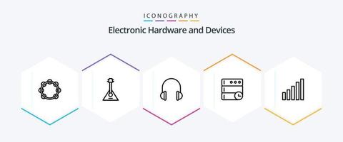 Pacote de ícones de 25 linhas de dispositivos, incluindo tempo. base de dados. música. som. fone de ouvido vetor