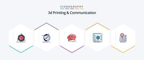 Pacote de ícones de impressão e comunicação 3D com 25 linhas preenchidas, incluindo holográfico. 3d. ligação. conversa. comunicação vetor