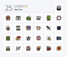 pacote de ícones preenchidos com 25 linhas de ano novo, incluindo pacote de presentes. óculos. caixa. engraçado. surpresa vetor