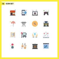 conjunto moderno de pictograma de 16 cores planas de aproveitar o pacote editável de jogo de praia de laptop de guarda-chuva de elementos de design de vetores criativos