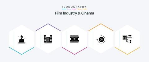 pacote de ícones cenima 25 glyph incluindo . rolo de filme. bilhetes de cinema. filme stip. relógio vetor