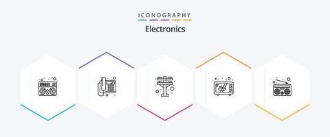 pacote de ícones de 25 linhas de eletrônicos, incluindo . rádio. torre elétrica. meios de comunicação. forno vetor