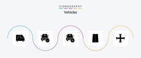 Pacote de ícones de glifo 5 de veículos, incluindo construção e ferramentas. caminho. carro. linhas. garagem vetor