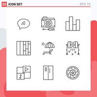 conjunto de pictogramas de 9 contornos simples de layout de ferramentas de cinta de guarda-chuva financiam elementos de design de vetores editáveis