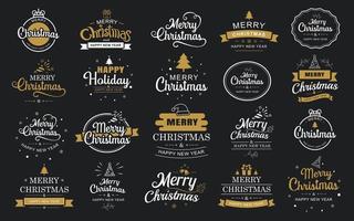 etiqueta tipográfica de feliz natal e feliz ano novo com conjunto de design de símbolos vetor