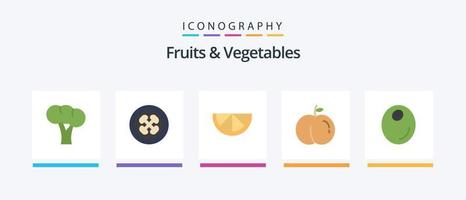 Frutas e legumes Flat 5 Icon Pack incluindo . óleo. vegetariano. fruta. pêssego. design de ícones criativos vetor