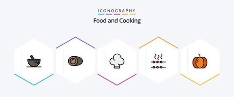 pacote de ícones de 25 linhas preenchidas de alimentos, incluindo vegetais. dia das Bruxas. chefe de cozinha. Comida. com fome vetor