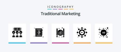 pacote de ícones de glyph 5 de marketing tradicional, incluindo estratégia. de Anúncios. artigos. viral. rede. design de ícones criativos vetor