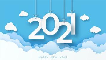 banner de feliz ano novo de 2021 com nuvens de corte de papel vetor