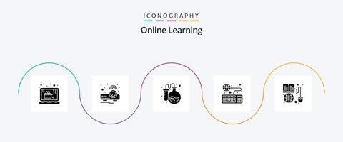 pacote de ícones de glifo 5 de aprendizado on-line, incluindo livro. on-line. frasco. conhecimento. livro vetor