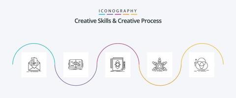 habilidades criativas e pacote de ícones da linha 5 do processo criativo, incluindo liderança. equipe. visualizar. desenvolvimento. identidade vetor