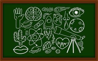 diferentes traços de doodle sobre equipamentos científicos no quadro-negro vetor