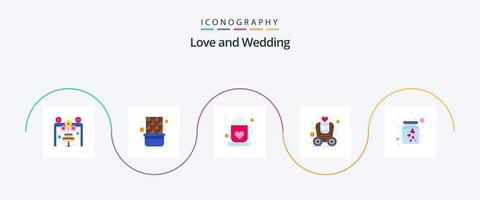 pacote de ícones de 5 planos de casamento, incluindo coração. transporte. café. transporte. brougham vetor