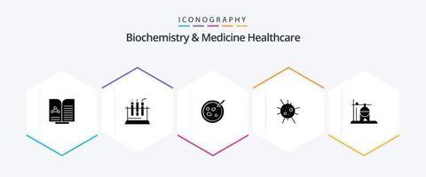 bioquímica e medicina saúde pacote de ícones de 25 glifos incluindo reidratação. cuidados de saúde. petri. vírus. bactérias vetor