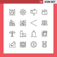 conjunto de pictogramas de 16 contornos simples de elementos de design de vetores editáveis de jogo de pasta de amor de casamento