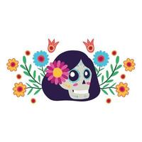 caveira catrina com personagem de quadrinhos decoração floral vetor