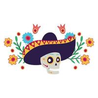 crânio de mariachi com personagem de quadrinhos de flores vetor