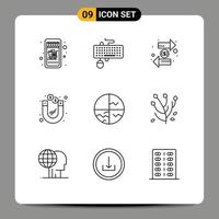 pacote de 9 sinais e símbolos de contornos modernos para mídia impressa na web, como moeda de pele seca, dinheiro, investimento, intercâmbio, elementos de design de vetores editáveis