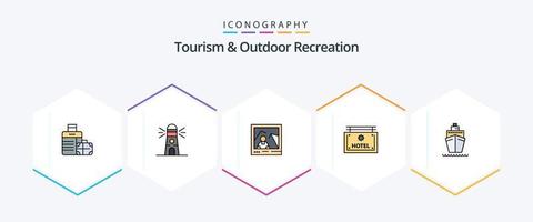 turismo e recreação ao ar livre pacote de ícones de 25 linhas preenchidas, incluindo navio. direção. cenário. placa. hotel vetor