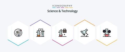 pacote de ícones de 25 linhas preenchidas de ciência e tecnologia, incluindo vidraria de laboratório. frasco químico. ciência da matéria. portfólio de ciência. Educação Científica vetor