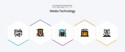 tecnologia de mídia 25 pacote de ícones de linha preenchida, incluindo sinal. sistema. nuvem. meios de comunicação. hardware vetor