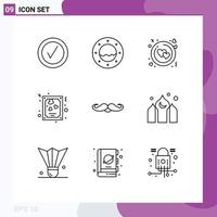conjunto de 9 sinais de símbolos de ícones de interface do usuário modernos para masculino hipster anel bigode amor elementos de design de vetores editáveis