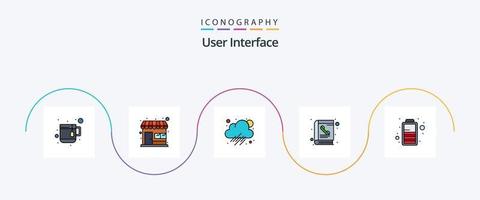 linha de interface do usuário preenchida com 5 ícones planos, incluindo . cobrar. chuvoso. bateria. telefone vetor