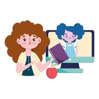 feliz dia dos professores, professor e aluno menina computador online aprender vetor