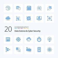 20 pacote de ícones de cor azul de ciência de dados e segurança cibernética, como medida de relógio de relatório de ciência de dados de insight vetor