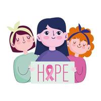 mês de conscientização do câncer de mama, mensagem de esperança do grupo feminino de desenho animado em pôster vetor