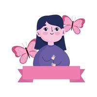 mês de conscientização do câncer de mama, fita de borboletas de desenhos animados de mulher vetor