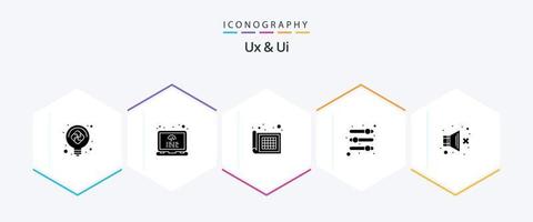 pacote de ícones ux e ui 25 glifos, incluindo volume desligado. mudo. grade. controles deslizantes. volume vetor