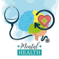 dia da saúde mental, estetoscópio do cérebro humano, suporte médico, psicologia, tratamento vetor