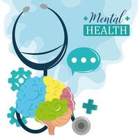 dia da saúde mental, estetoscópio cérebro psicologia cognitiva tratamento médico vetor