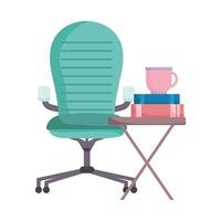 livros de xícara de café de espaço de trabalho e cadeira isolada projeto fundo branco vetor