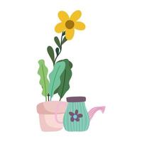 jardinagem, flores em vasos e regador estilo de ícone isolado da natureza vetor